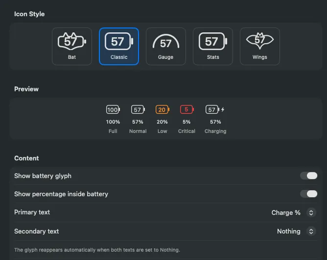 Settings › Menu Bar: the five icon styles, a preview of each state and what the item shows.
