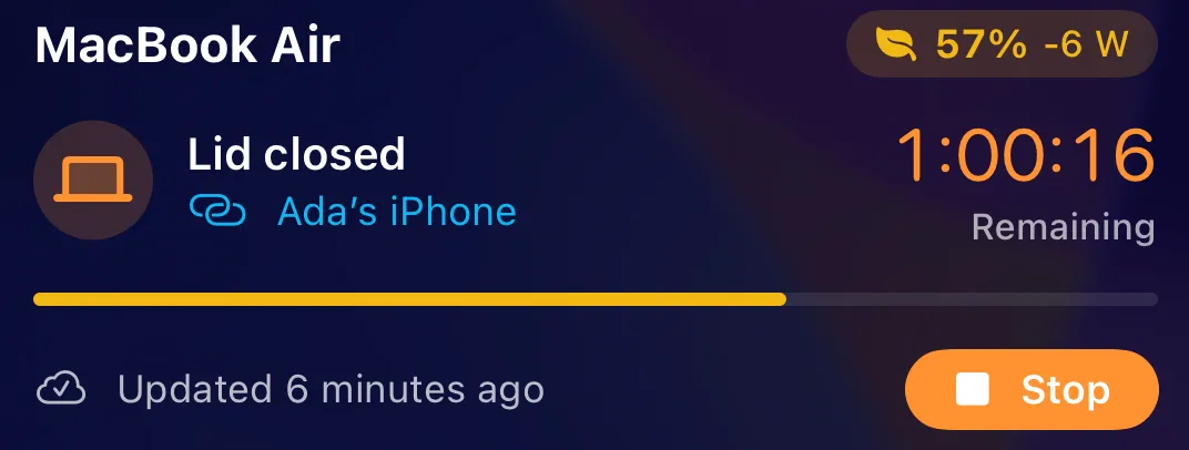 The Lock Screen Live Activity: MacBook Air, lid closed, 1:00:16 remaining, with a Stop button