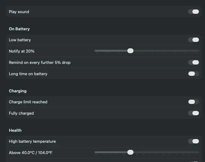 Settings › Notifications with each alert and its threshold.